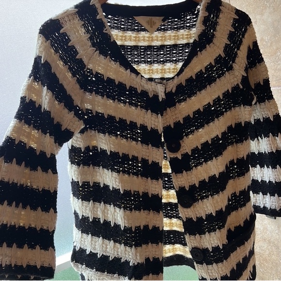 Anthropologie HWR Monogram Chunky Knit Striped Cardigan Black & White Size L EUC - Picture 16 of 16